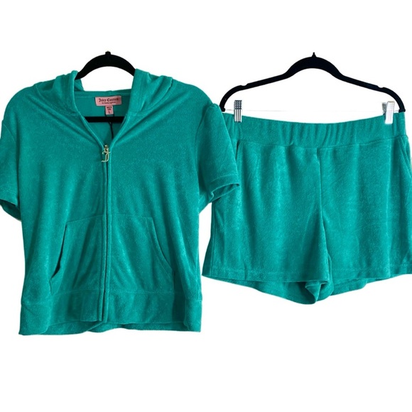 Juicy Couture Tops - NWT Juicy Couture Terrycloth Coastal Teal Short Sleeve Hoodie & Shorts, size L